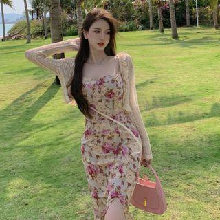 Spaghetti Strap Floral Print Sheath Dress / Frill Trim Cardigan