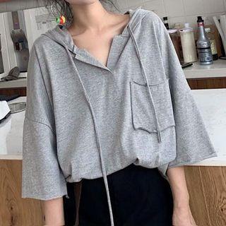 Plain Drawcord Elbow-sleeve Hooded Top