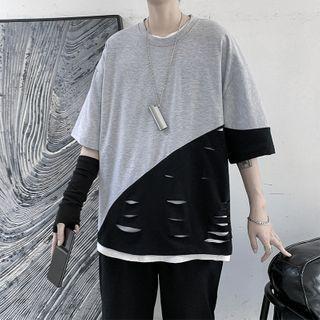 Short-sleeve Ripped Panel T-shirt