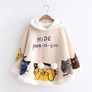 Cat Print Fleece-lined Cape Jacket As Shown In Figure - One Size