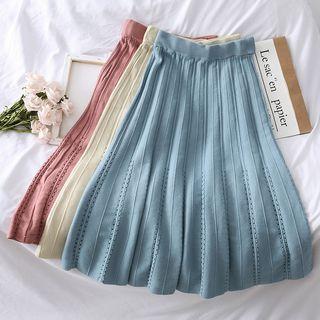 Pleated Eyelet Knit A-line Skirt