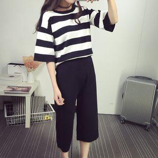 Set: Elbow-sleeve Striped T-shirt + Wide Leg Pants