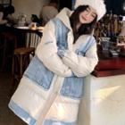 Denim Panel Hooded Padded Coat White - One Size