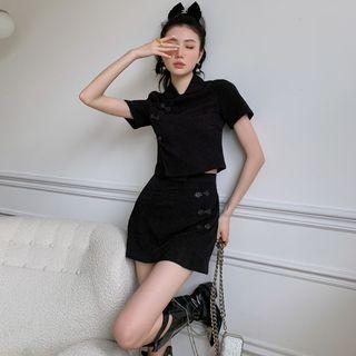Set: Puff-sleeve Qipao Top + Mini A-line Skirt