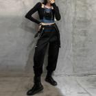 Mock Two-piece Long-sleeve Chained Tie-dyed Crop Top / Cargo Pants / Pants Chain / Set
