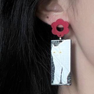 Flower Rectangle Dangle Earring 1 Pair - 1972a - Red & White - One Size