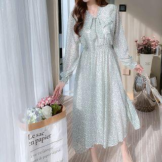 Long-sleeve Tie-neck Floral A-line Dress