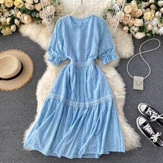 Eyelet Short-sleeve Midi A-line Dress