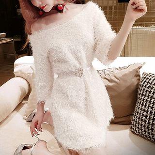 Off-shoulder Furry 3/4-sleeve Mini A-line Dress