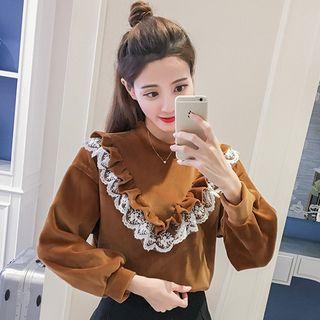 Mock-neck Frill-trim Velvet Sweatshirt