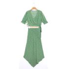 Set: Short-sleeve Floral Wrap Crop Top + Midi A-line Skirt
