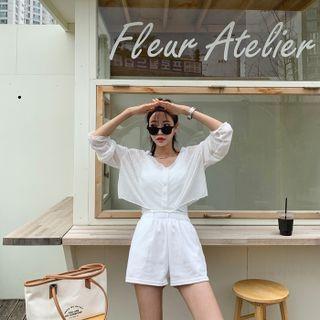 Set: V-neck Sheer Cardigan + Shorts