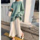 Plain Crew Neck Sweatshirt/ Midi Mesh-overlay A-line Skirt