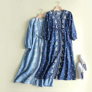 Long-sleeve Embroidered Maxi Denim A-line Dress