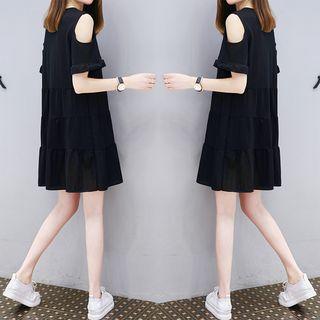Plain Cut Out Shoulder Short Sleeve Tiered Dress