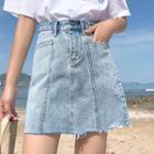 Frayed Hem A-line Mini Denim Skirt