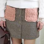 Sherpa-fleece Pocket Buttoned Houndstooth Mini Skirt