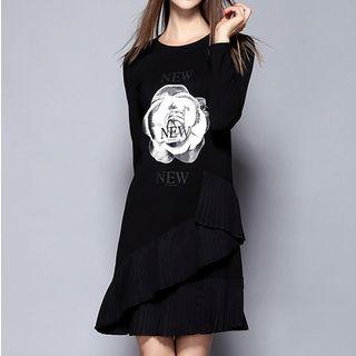 Floral Print Pleated Hem Long Sleeve Dress