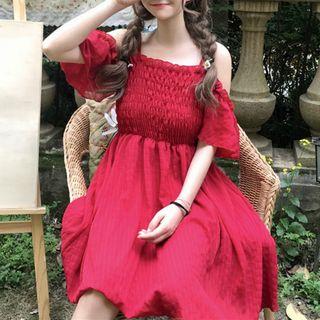 Off Shoulder Short-sleeve A-line Dress Red - One Size