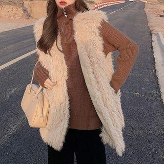 Furry Open-front Vest / Turtleneck Knit Top
