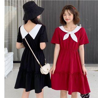 Short-sleeve Color Block Ribbon A-line Mini Dress