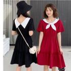 Short-sleeve Color Block Ribbon A-line Mini Dress