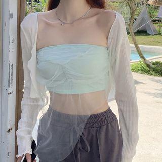 Strapless Flowy Mesh Camisole Top / Cropped Cardigan