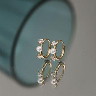Faux Pearl Rhinestone Sterling Silver Hoop Earring