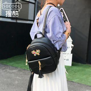 Faux Leather Tasseled Butterfly Accent Backpack