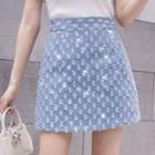 Distressed Sequined Mini A-line Denim Skirt