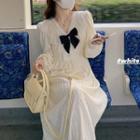 Long-sleeve Bow Accent Lace Midi A-line Dress Milky White - One Size