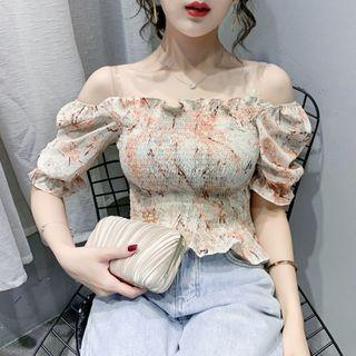 Short-sleeve Off-shoulder Floral Printed Ruffled Blouse