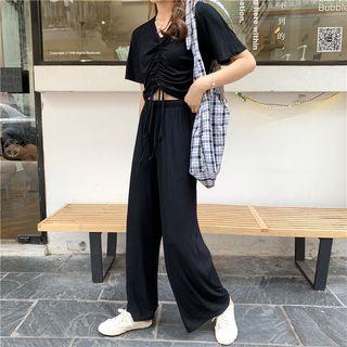 Set: Short-sleeve Drawstring Cropped T-shirt + Wide-leg Pants