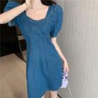 Balloon-sleeve A-line Denim Dress