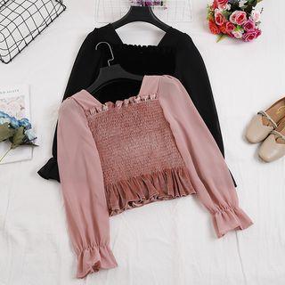 Ruffle Hem Ruched Cropped Chiffon Top