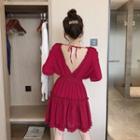 Elbow-sleeve Frilled Trim A-line Dress