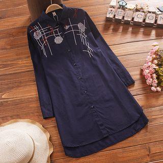Long-sleeve Embroidered Midi Shirt Dress