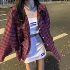 Long-sleeve Plaid Jacket / Printed Tube Top / Mini Skirt