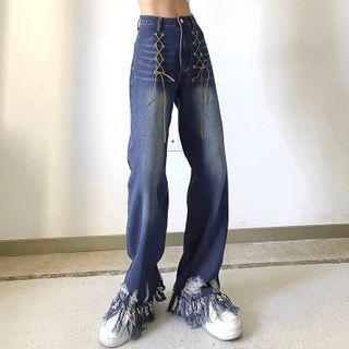 Lace-up Mid Rise Loose Fit Jeans