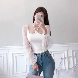 Sheer-sleeve Halter Top