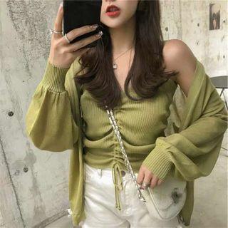 Set: Spaghetti Strap Drawstring Knit Top + Cardigan