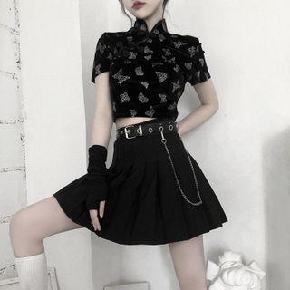 Short-sleeve Butterfly Print Cheongsam Top / Chained Belt / Pleated A-line Skirt