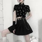 Short-sleeve Butterfly Print Cheongsam Top / Chained Belt / Pleated A-line Skirt