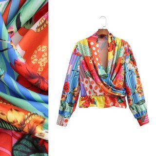 Long Sleeve V-neck Printed Crop Shirt