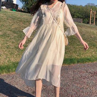 3/4-sleeve Frill Trim A-line Midi Dress Almond - One Size