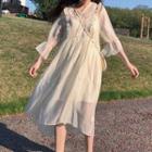 3/4-sleeve Frill Trim A-line Midi Dress Almond - One Size