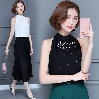 Sleeveless Faux Pearl Chiffon Top