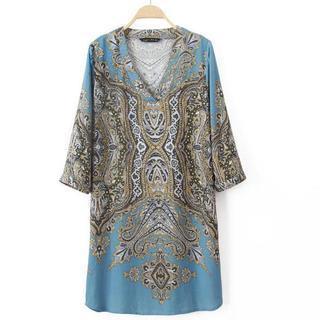 3/4-sleeve V-neck Printed Dress