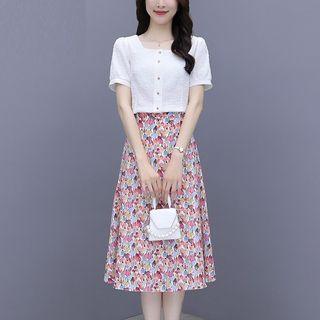 Short-sleeve Square-neck Blouse / Print Midi A-line Skirt / Set