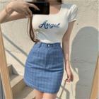 Letter Embroidered Short-sleeve T-shirt / Houndstooth High Waist Mini Skirt